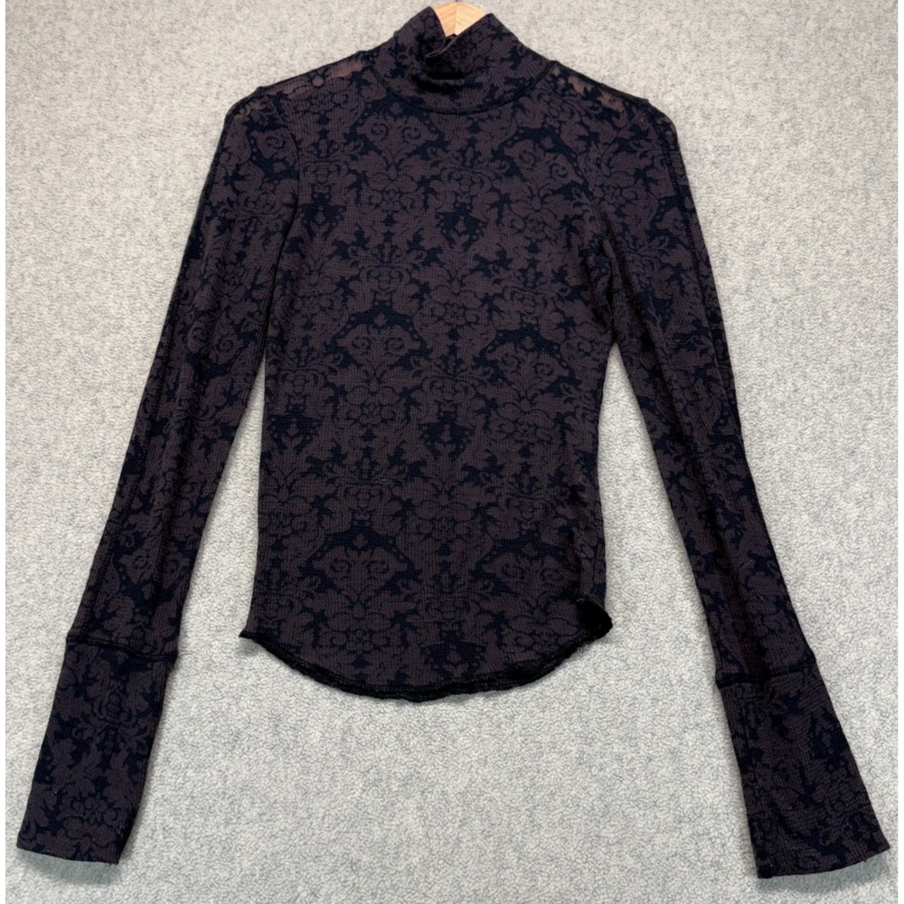 Free People Intimately Womens You And I Top Brown Damask High Neck Long Sleeve S